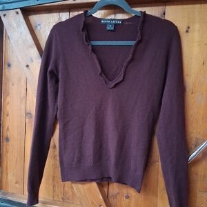 Ralph Lauren 100% Cashmere Sweater Burgundy Wine Ruffle V-Neck Women’s Small